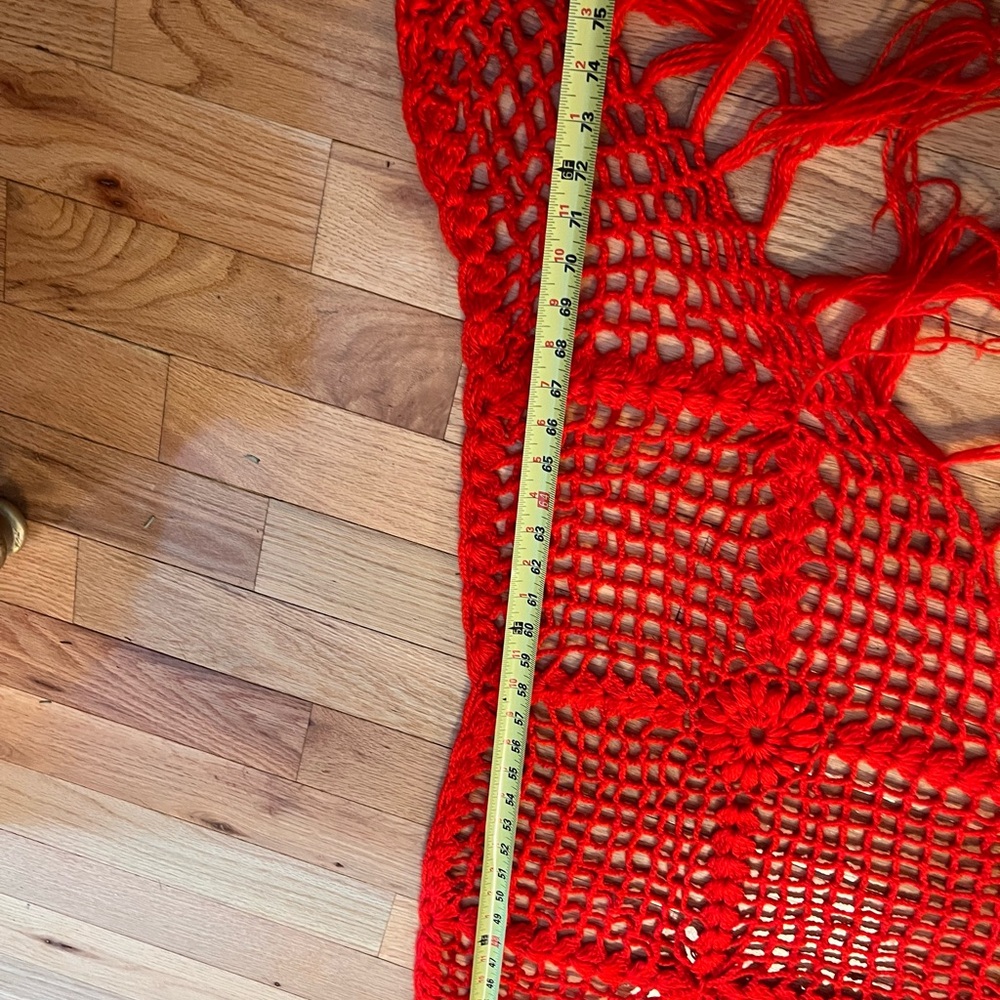 Vibrant Red Crochet Shawl with Fringe - Picture 5 of 9